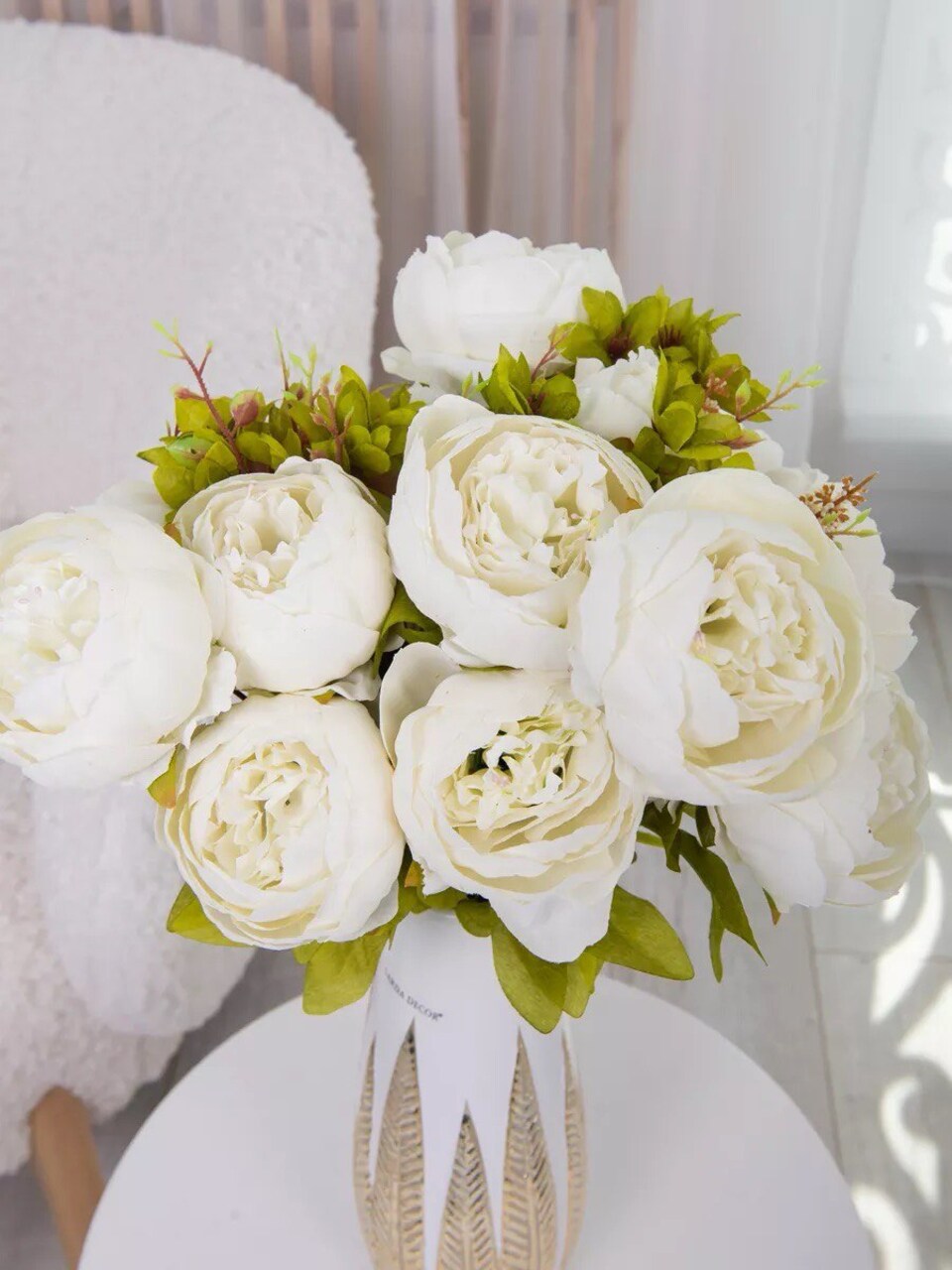 2 Silk Peony Bouquets, White - Vintage Artificial Peonies Lifelike Peony Flowers for Wedding Bridal Home Décor Beautiful Floral Centerpiece Arrangement
